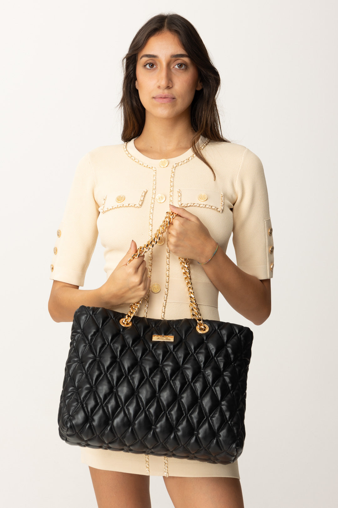 Embossed Fabric Shopper with Chain Handles