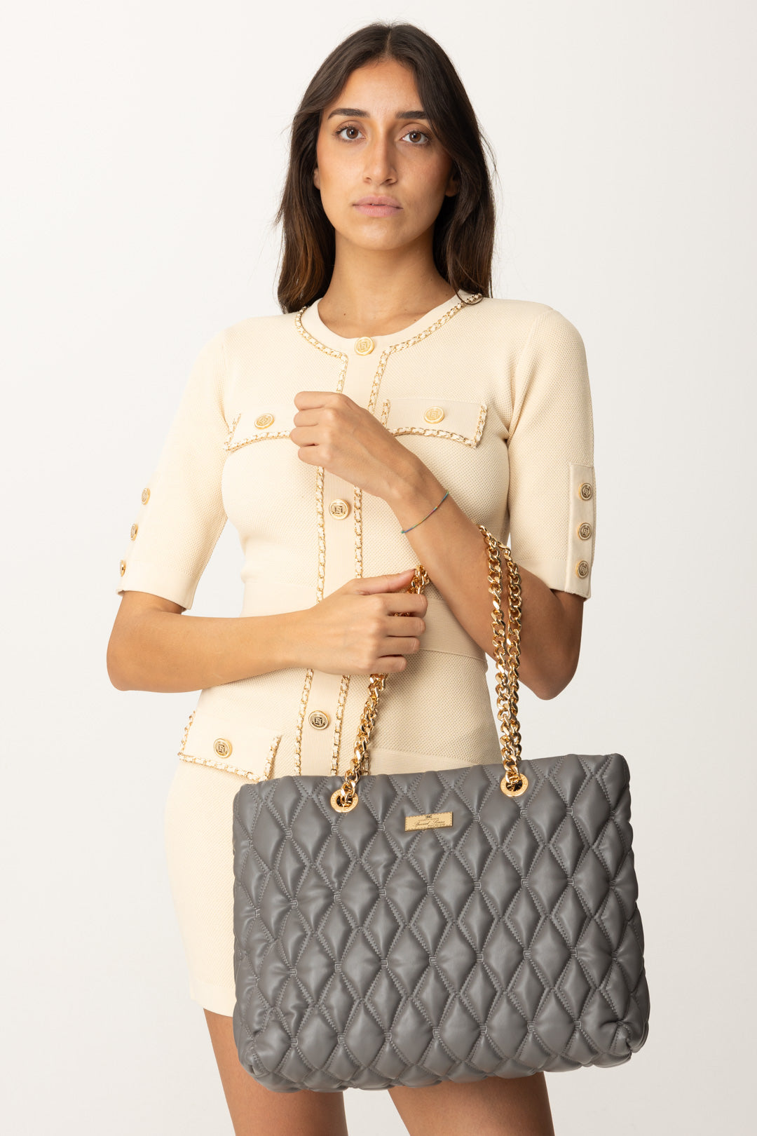 Embossed Fabric Shopper with Chain Handles