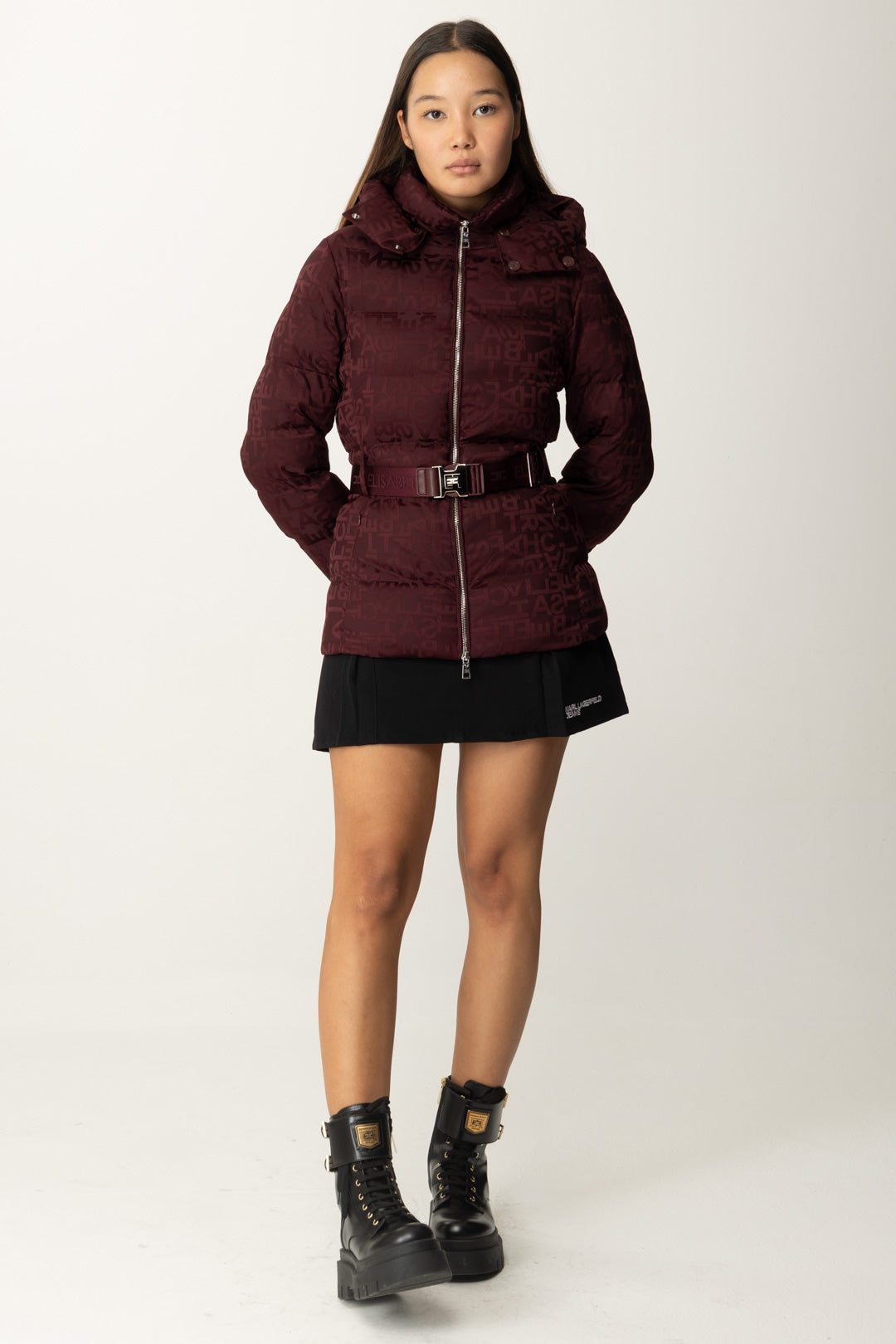 Nylon Jacquard Down Jacket with Belt