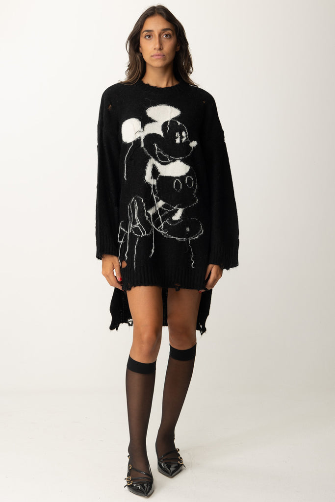 Mini Abito In Maglia Destroyed Stampa Mickey 181002 BLACK Aniye By