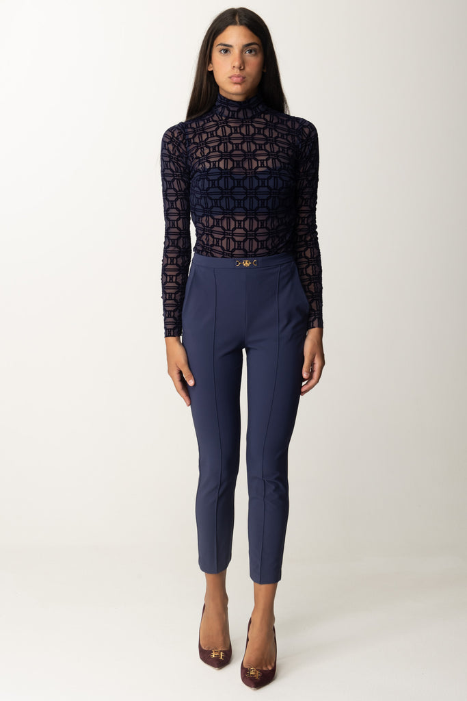 Body In Tulle con Stampa Flock BO01447E2 Navy e Pantaloni Dritti In Tessuto Tecnico PA02346E2 Mavy Elisabetta Franchi