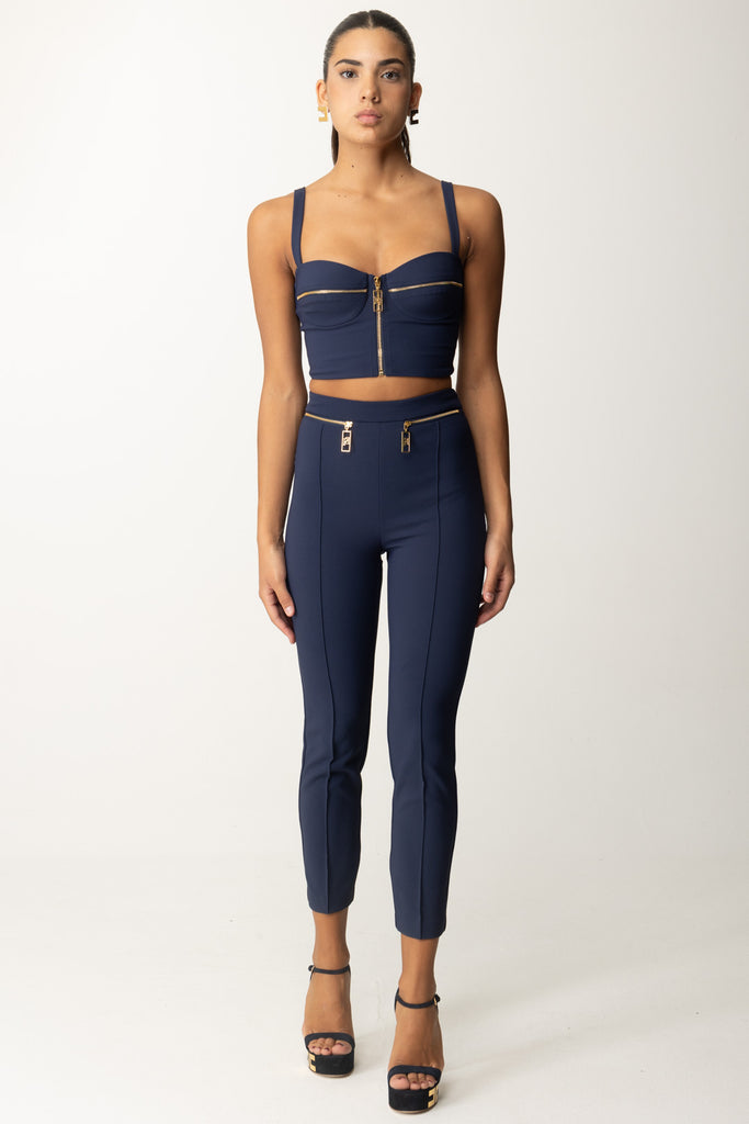 Elisabetta Franchi Top Balconcino con Zip TO00146E2 NAVY e Elisabetta Franchi Pantaloni con Piping e Zip In Vita PA03646E2 NAVY