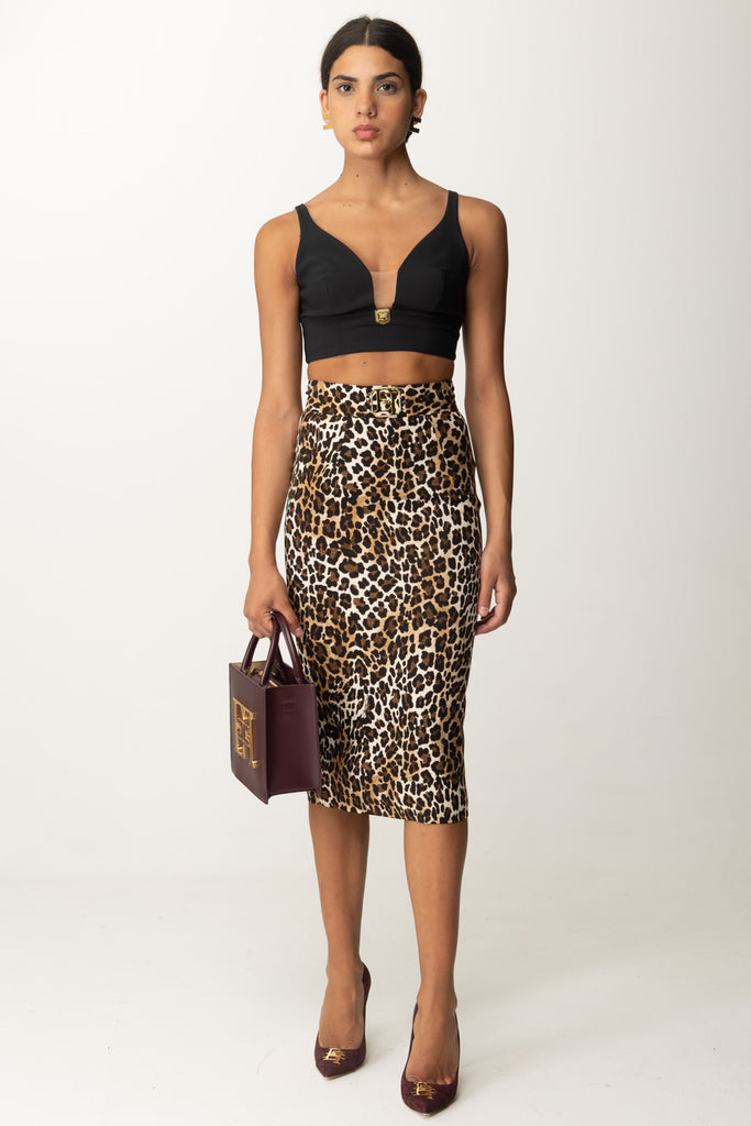 Top Crop Stretch con Placca Logo TO00246E2 Nero e Gonna Midi con Stampa Animalier GO06947E2 Elisabetta Franchi