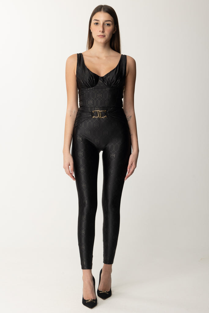 Elisabetta Franchi Tuta In Lycra Lucida con Stampa Logo TU02537E2 NERO