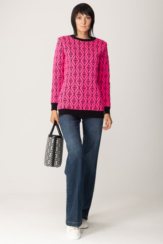 Elisabetta Franchi Pullover Over In Maglia con Logo a Contrasto MK19R36E2 PINK FLUO/NERO