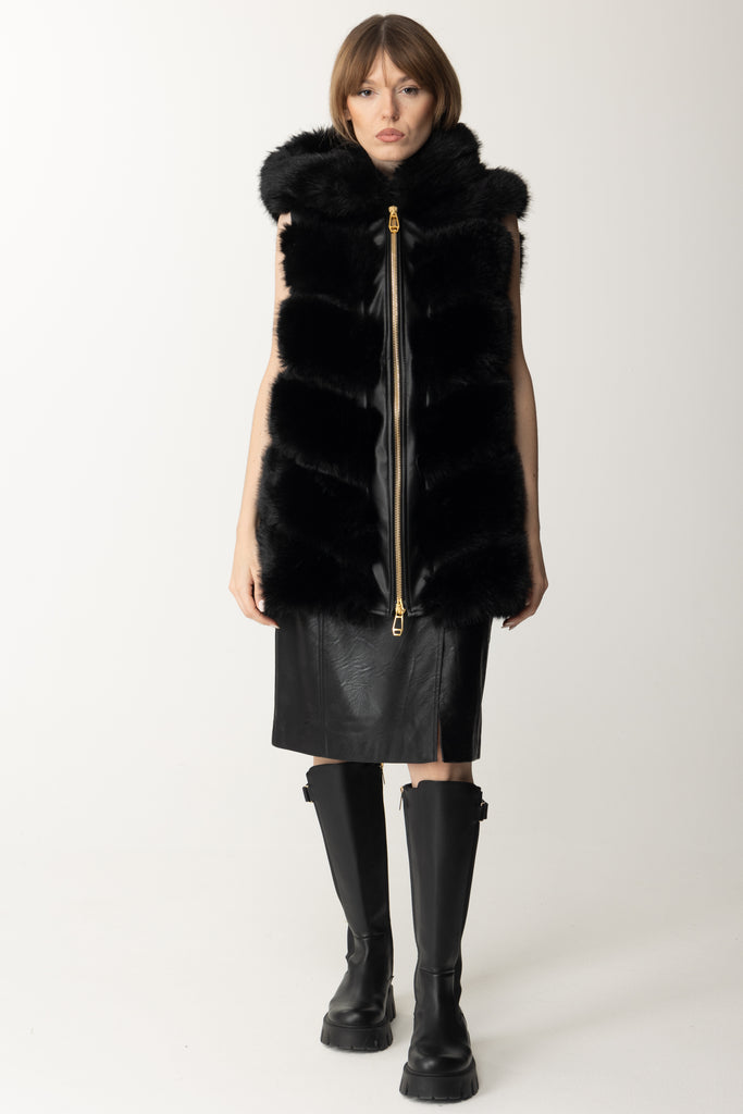 Yes London Gilet In Ecopelliccia con Cappuccio ECO012 NERO