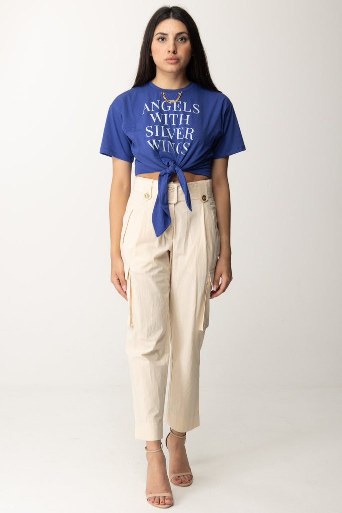 Elisabetta Franchi T-shirt Crop con Stampa Scritta e Accessorio Gold MA02041E2 BLUE INDACO