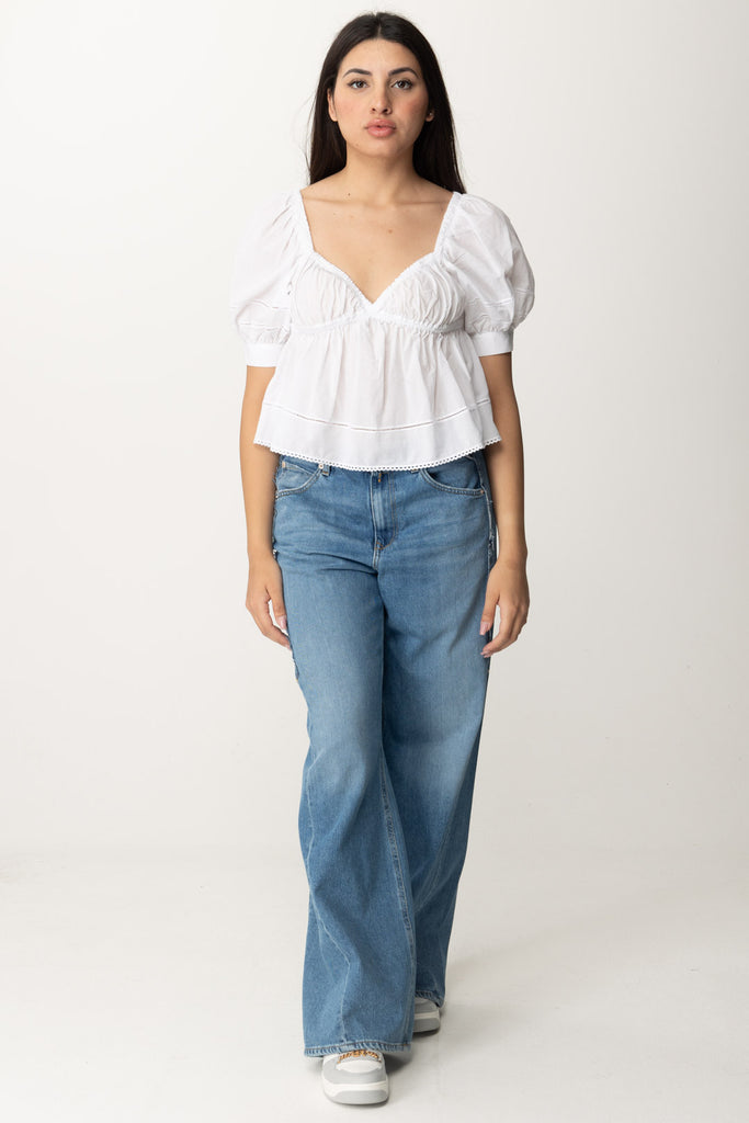 Pinko Top In Mussola con Ricamo a Jour 103070 A1OL Z04 BIANCO BRILL.