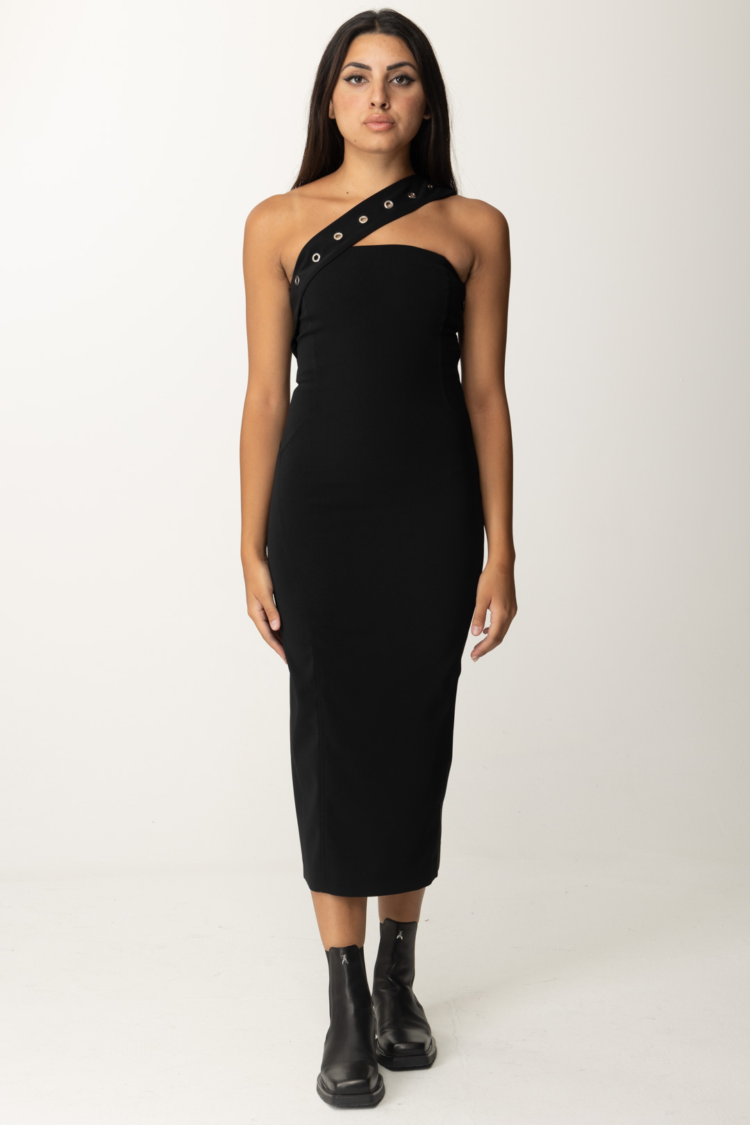 Preview: Patrizia Pepe Midi sheath dress with eyelets Nero