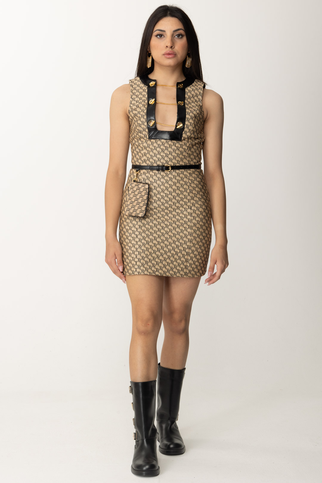 Preview: Elisabetta Franchi Mini dress in logo-printed raffia Paglia/Nero