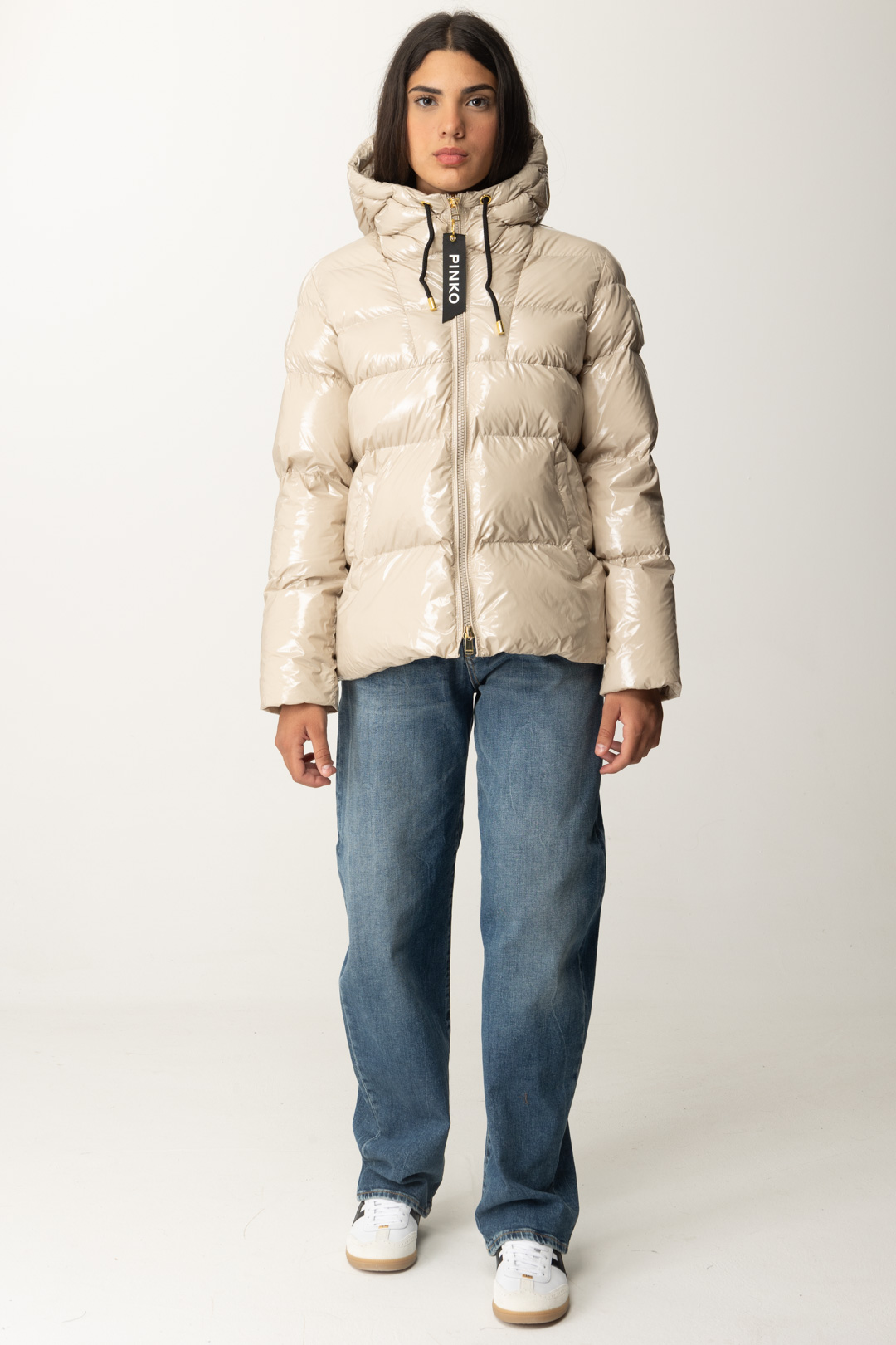 Preview: Pinko Shiny nylon down jacket Beige