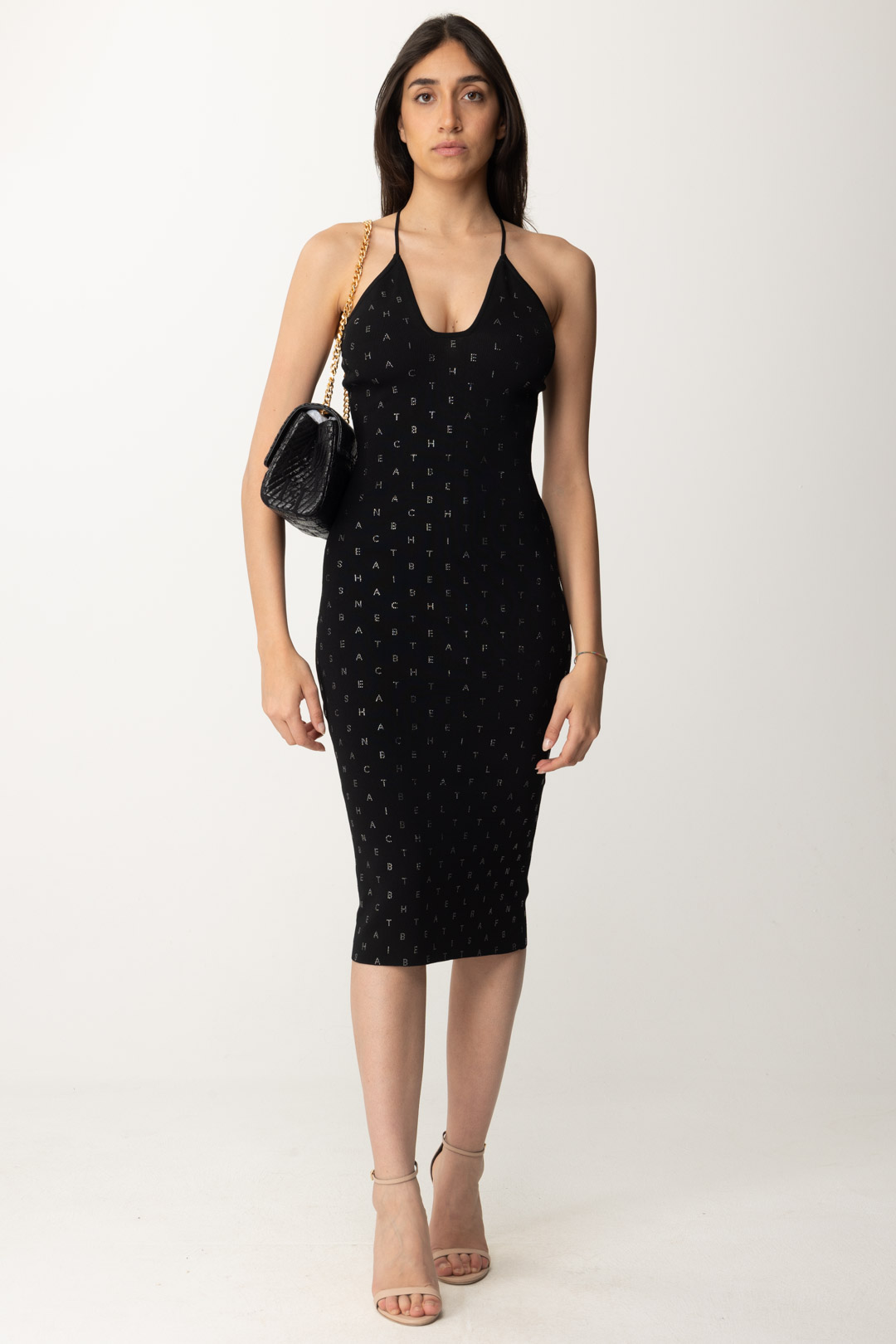 Preview: Elisabetta Franchi Midi Dress with Rhinestone Lettering Nero