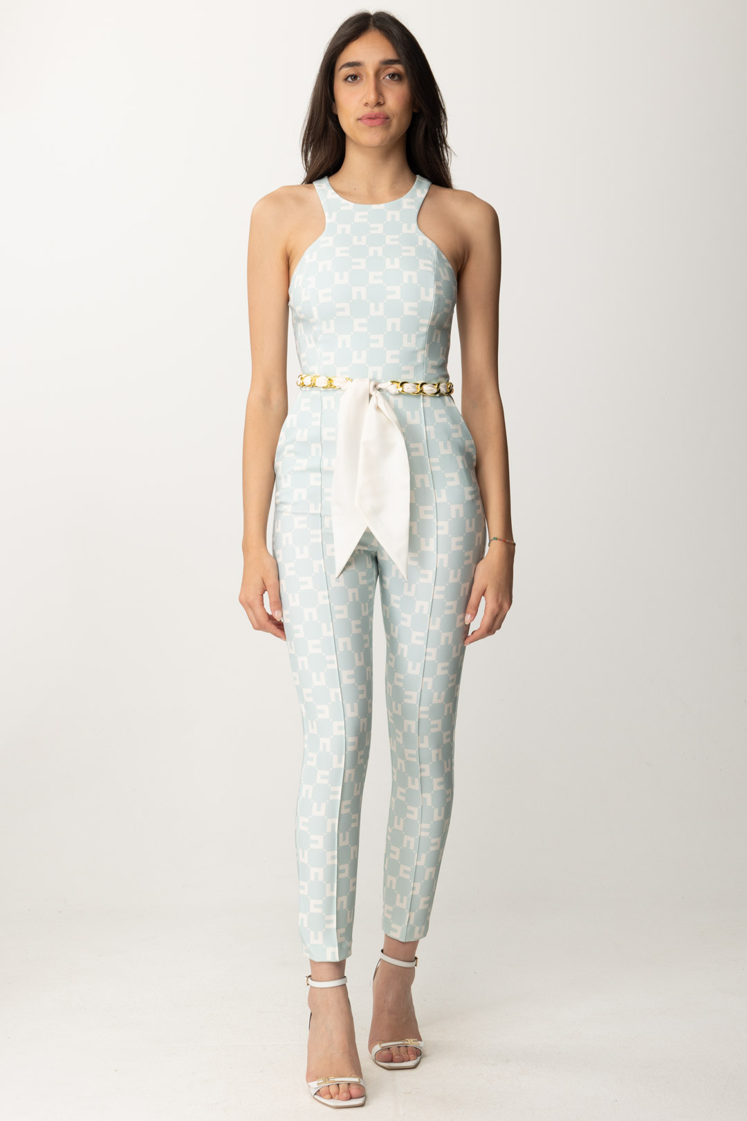 Preview: Elisabetta Franchi Logo print jumpsuit with foulard belt ACQUA/BURRO