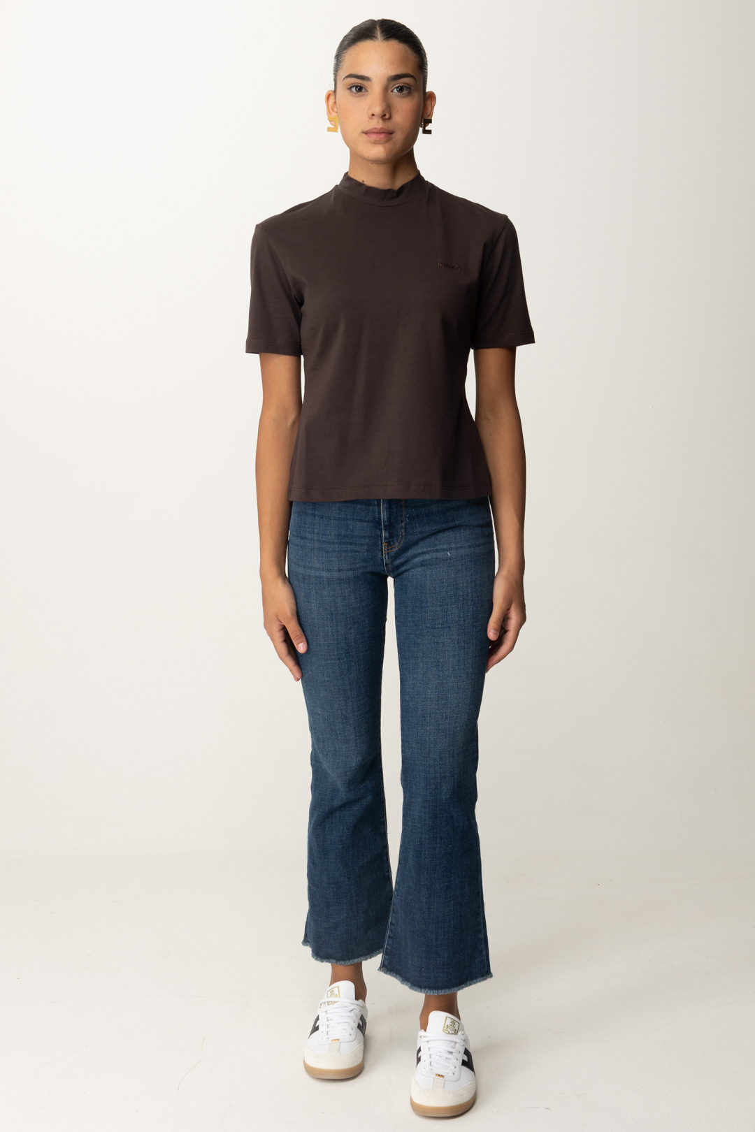 Preview: Pinko High-Neck T-shirt with Logo Embroidery TESTA MORO