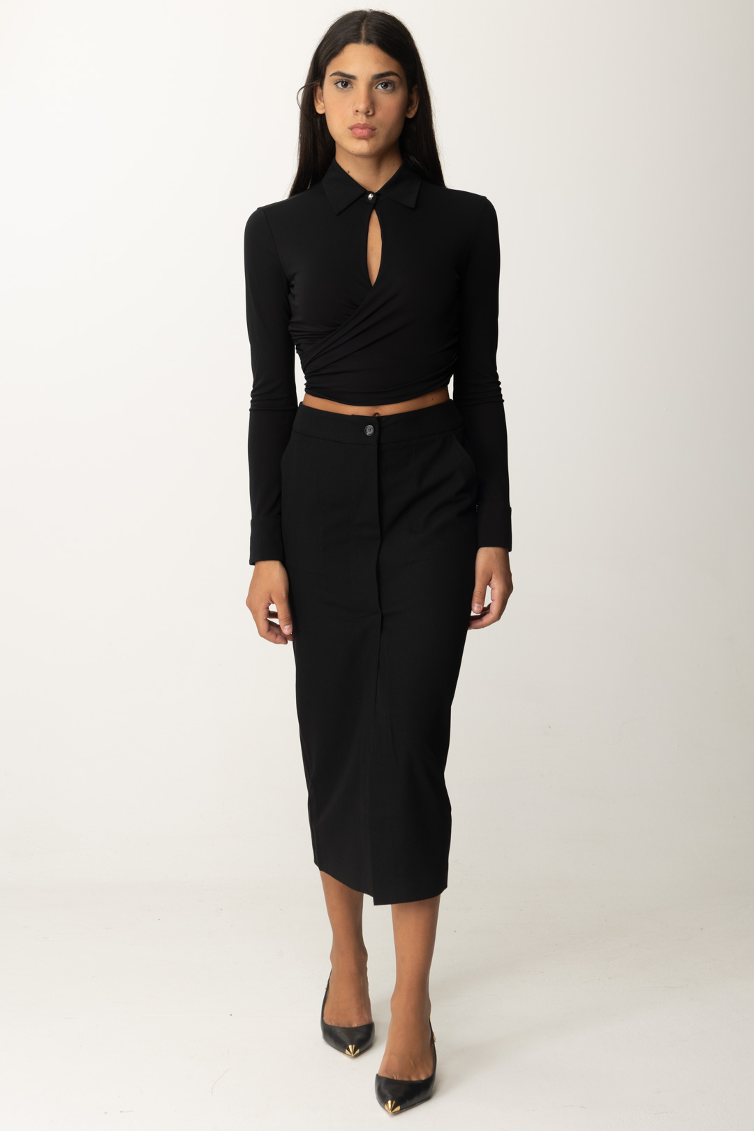 Preview: Pinko Cropped Wrap Blouse with Keyhole Neckline NERO LIMOUSINE