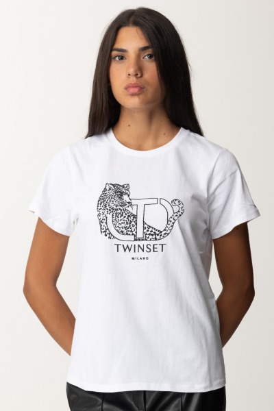 Twin-Set  T-shirt z logo i haftem jaguara 242TP2680 BIANCO OTTICO