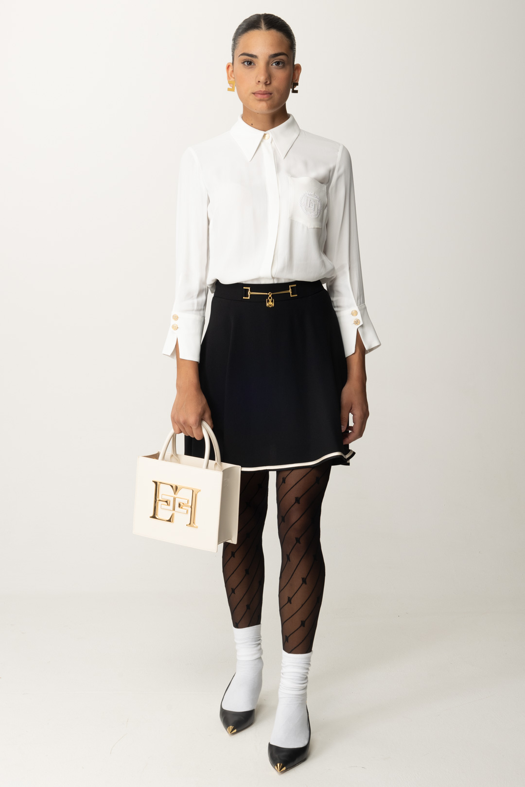 Preview: Elisabetta Franchi Georgette Shirt with Logo Embroidery Avorio