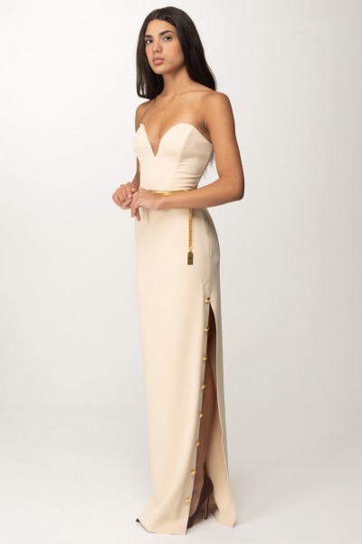 Elisabetta Franchi  Red Carpet Dress with Side Buttons and Belt AB62946E2 CREMA