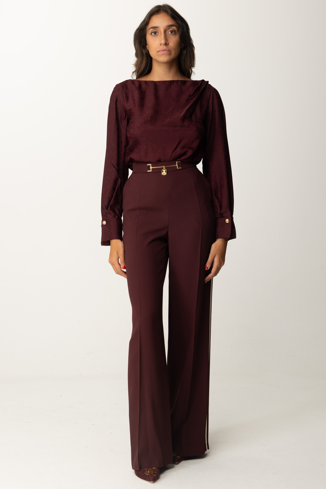 Aperçu: Elisabetta Franchi Pantalon palazzo en satin avec mors Rouge Noir/Burro