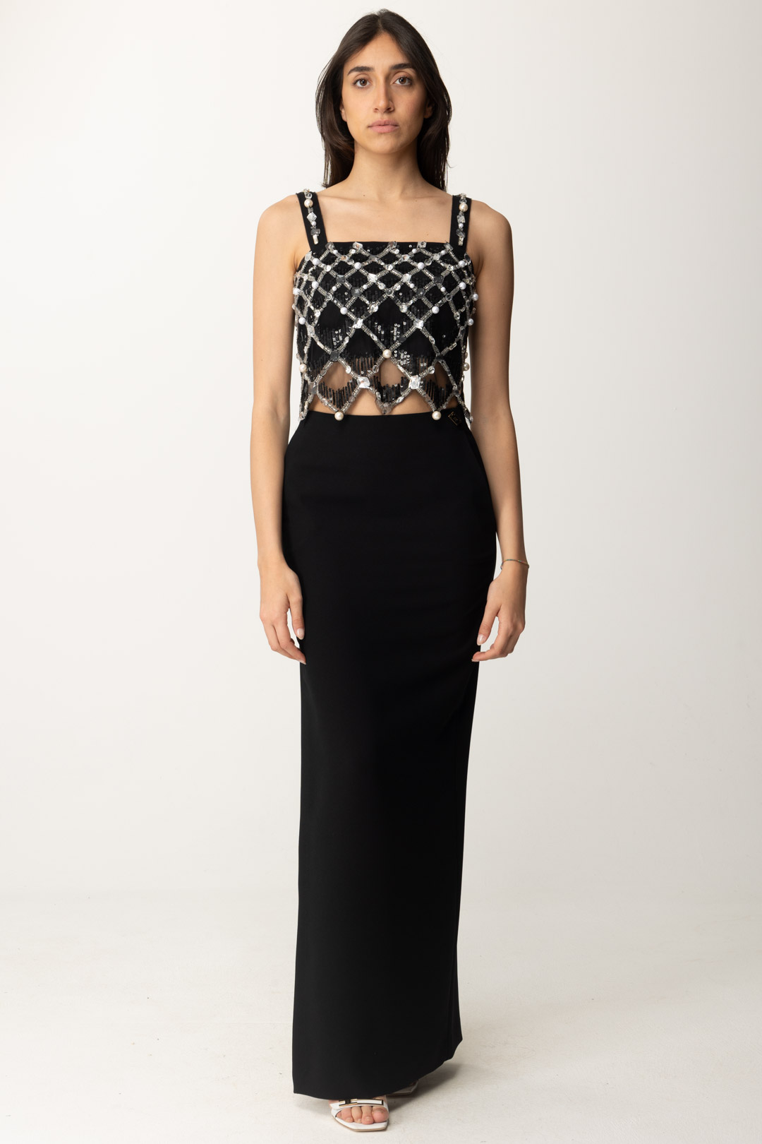 Preview: Elisabetta Franchi Short Top with Geometric Embroidery Nero