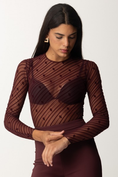 Elisabetta Franchi  Tiulowe body z nadrukiem floku BO00446E2 ROUGE NOIR