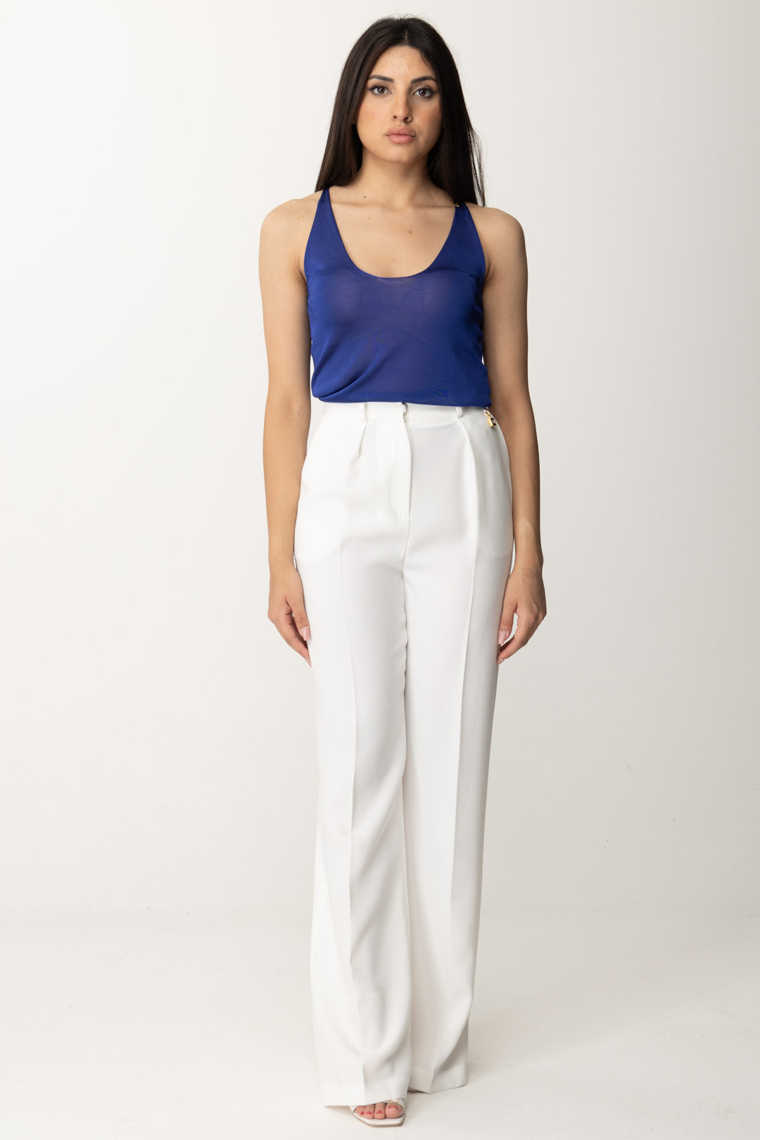 Preview: Elisabetta Franchi Top in viscosa lucida con scollo all’americana dez BLUE INDACO