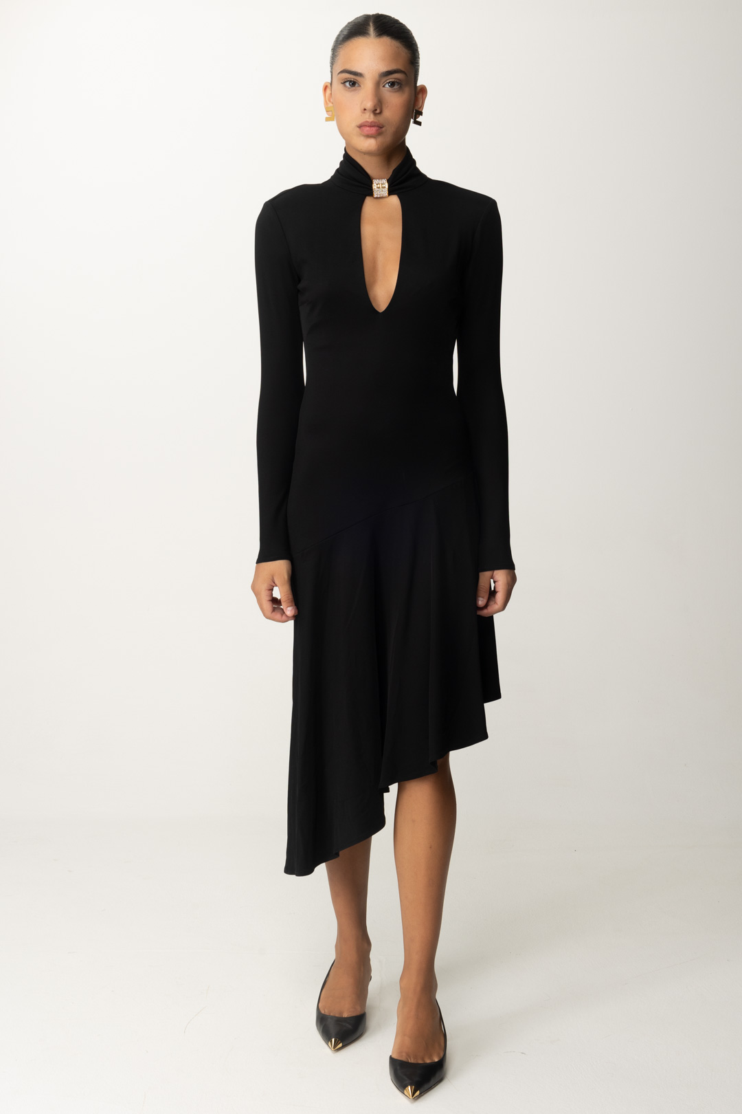 Preview: Elisabetta Franchi Asymmetric midi dress with jewel embellishment Nero