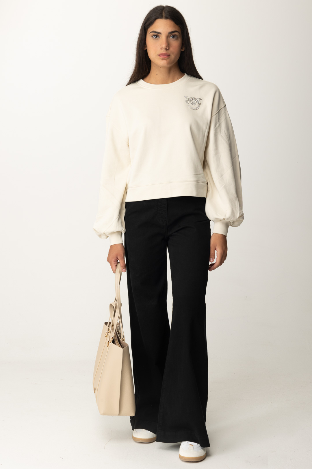 Preview: Pinko Boxy sweatshirt with Love Birds embroidery BIANCO LATTE