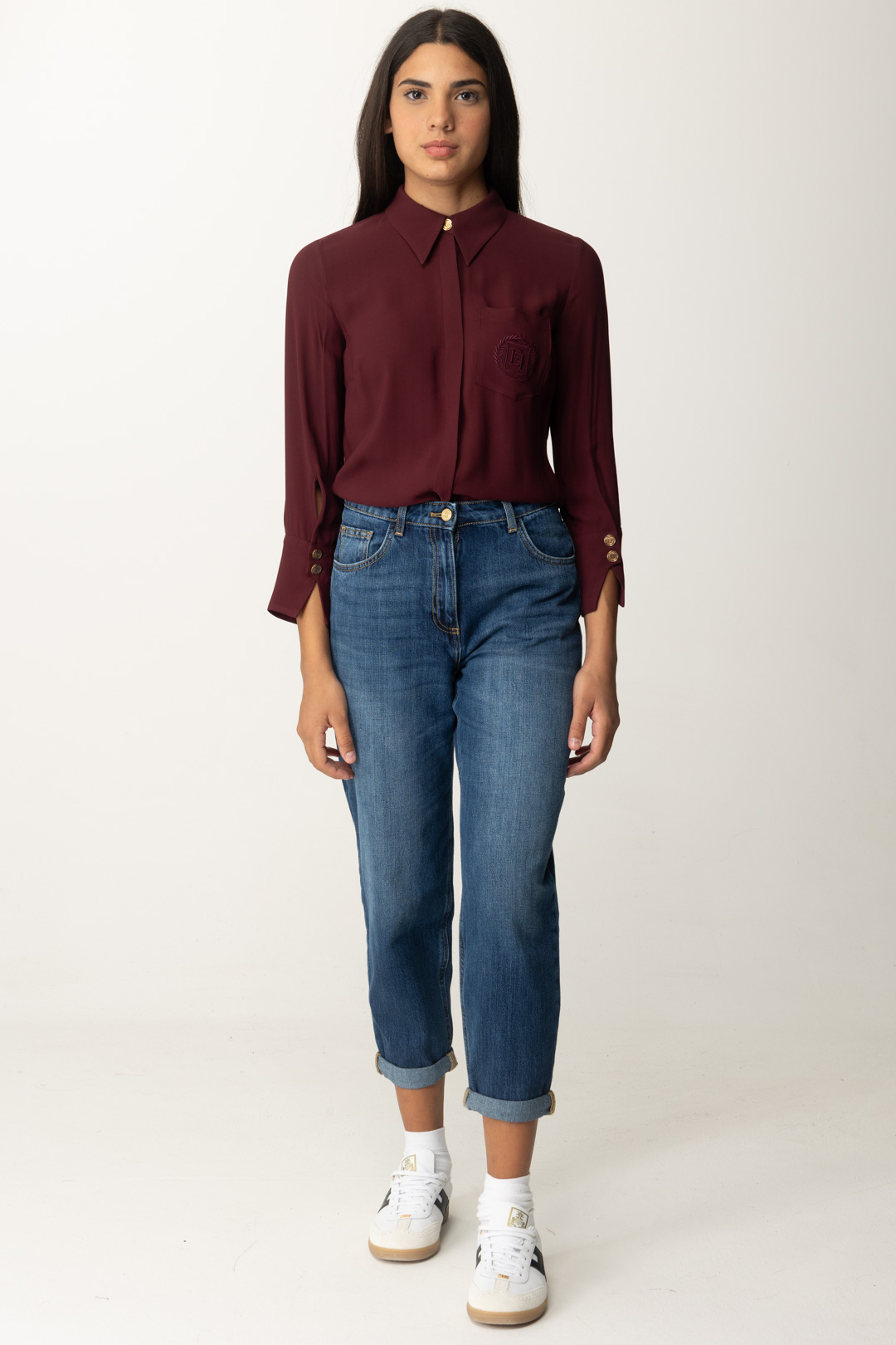 Preview: Elisabetta Franchi Georgette Shirt with Logo Embroidery Rouge Noir