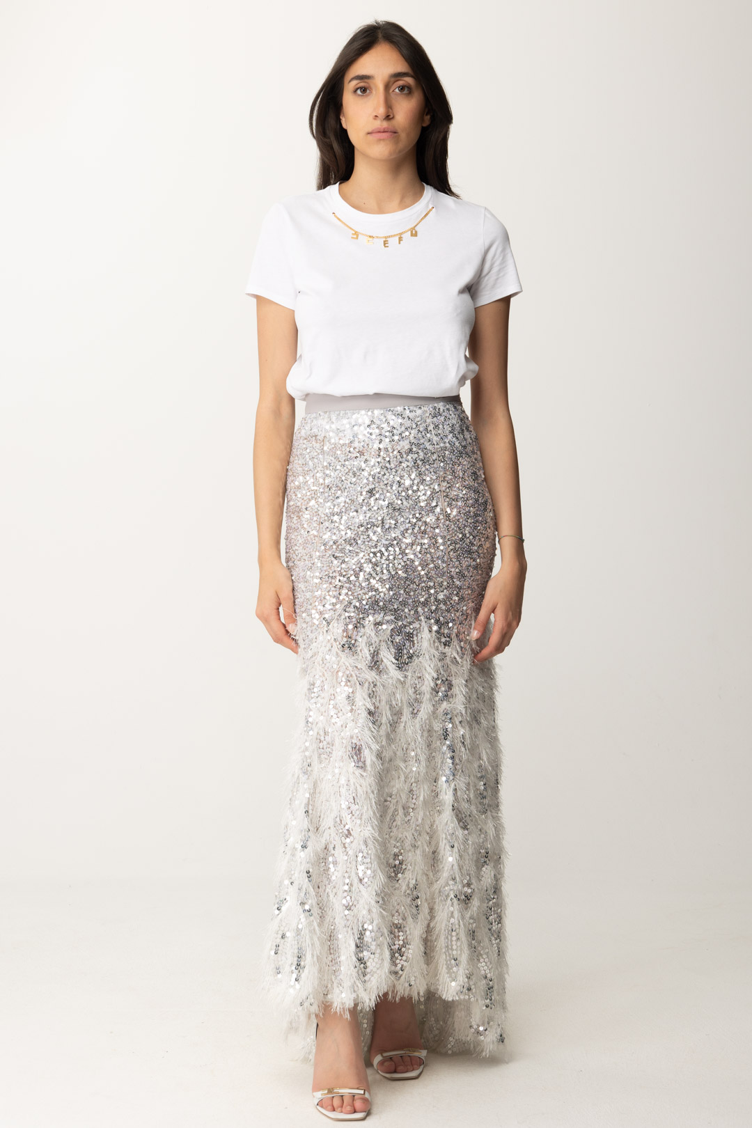 Preview: Elisabetta Franchi Mermaid Skirt with Sequins and Feathers Argento