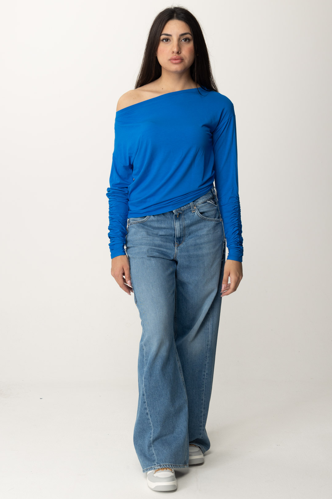 Preview: Patrizia Pepe Sweater with boat neckline and gathers Blue Soul