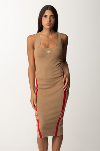 Elisabetta Franchi  Vestido midi de viscosa con bandas con logo AM84S46E2 CAMEL/RED PASSION