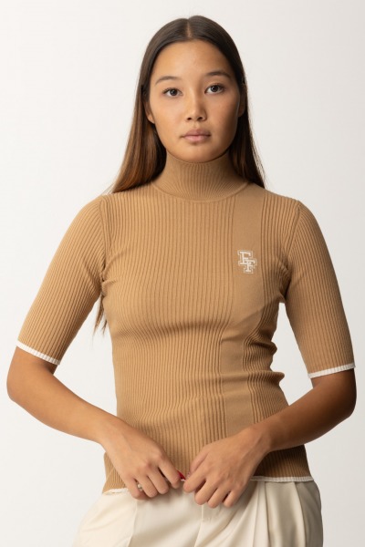 Elisabetta Franchi  Camiseta de punto con cuello alto y logo MK89M46E2 CAMEL/BURRO