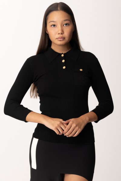 Elisabetta Franchi  Prążkowana koszulka polo z haftowanym logo MK09B46E2 NERO