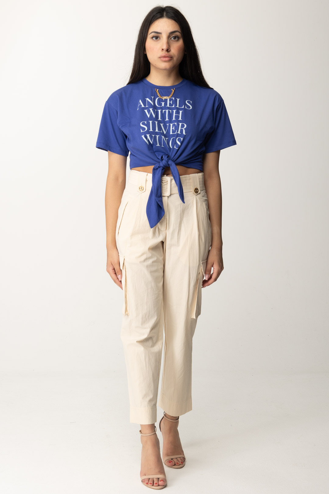 Preview: Elisabetta Franchi Crop T-shirt with Slogan Print and Gold Accessory BLUE INDACO