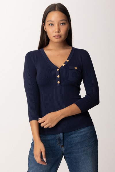 Elisabetta Franchi  Jersey con cuello de pico y logo bordado MK07B46E2 NAVY