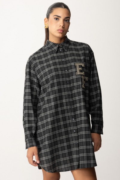 Elisabetta Franchi  Tartan wool shirt dress with embroidered patch AB73247E2 STEEL