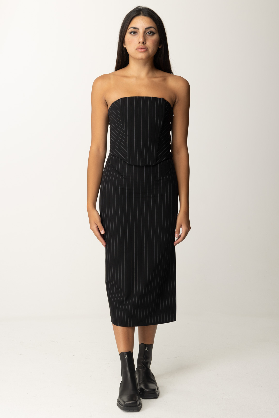 Preview: Patrizia Pepe Midi Pencil Skirt in Pinstripe Fabric Black Stripes