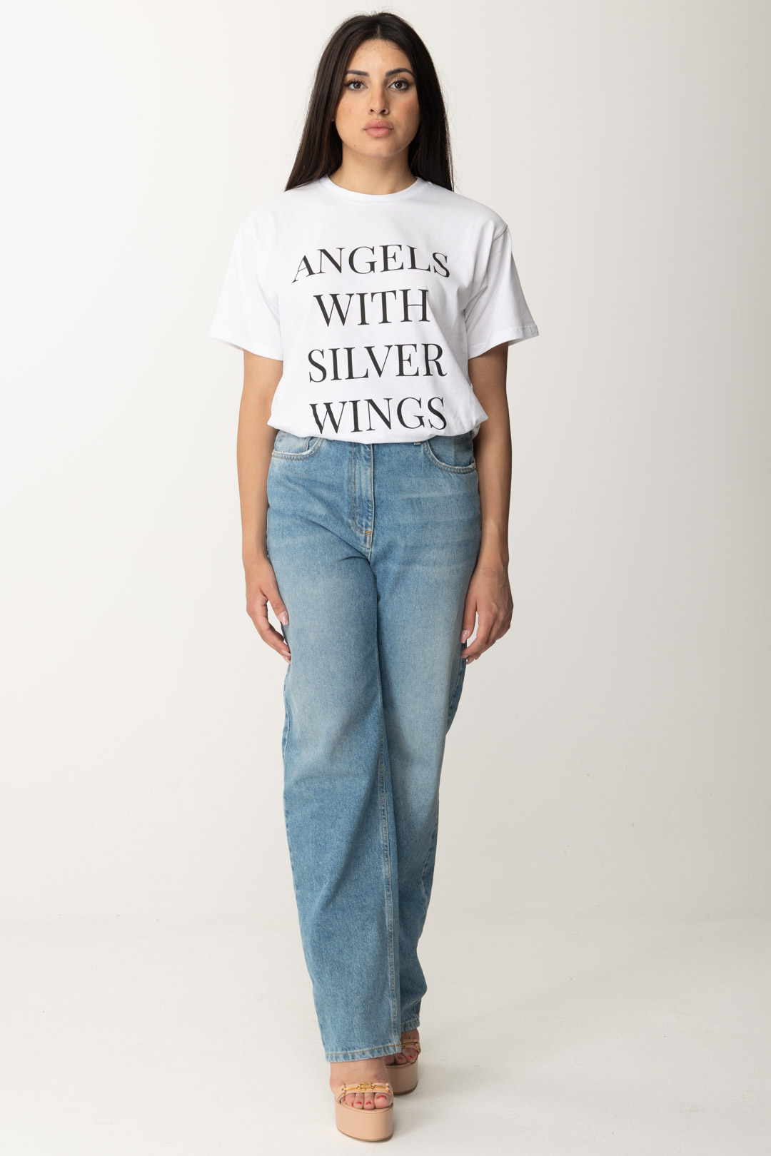 Anteprima: Elisabetta Franchi T-shirt con scritta stampata Gesso