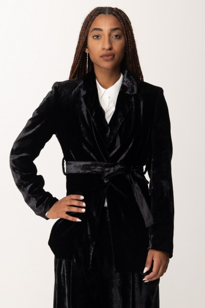 Manila Grace  Velvet blazer with sash G066OU NERO