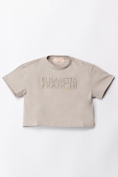 ELISABETTA FRANCHI BAMBINA  Camiseta con letras y dijes bordados EFTS2010JE006.5012 PEARL