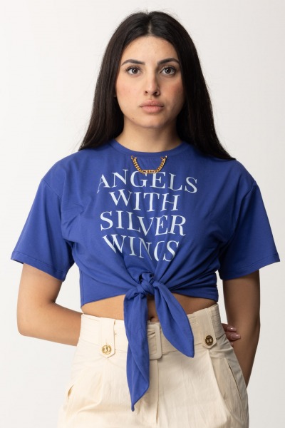 Elisabetta Franchi  Camiseta cropped con estampado escrito y accesorio dorado MA02041E2 BLUE INDACO