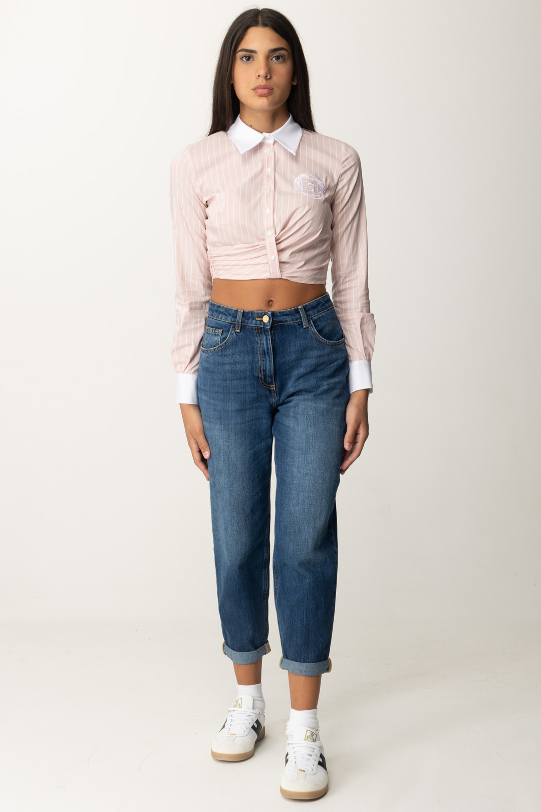 Anteprima: Elisabetta Franchi Camicia crop a righe con drappeggio POWDER PINK/BIANCO