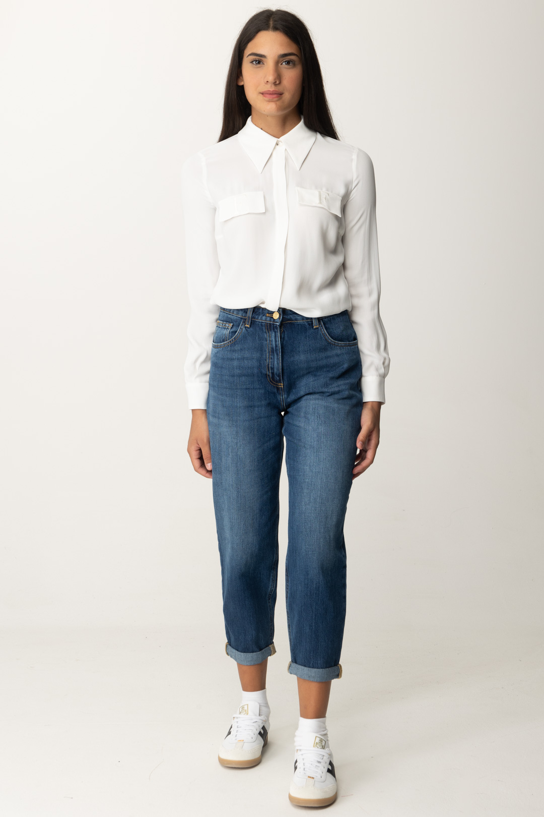 Preview: Elisabetta Franchi Georgette Shirt with Embroidered Pockets Avorio