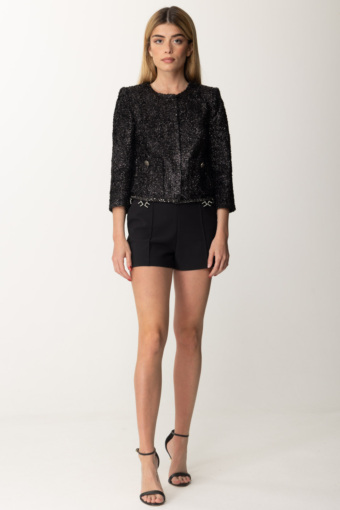 Preview: Elisabetta Franchi Short Tweed Lurex Jacket with Charms Nero