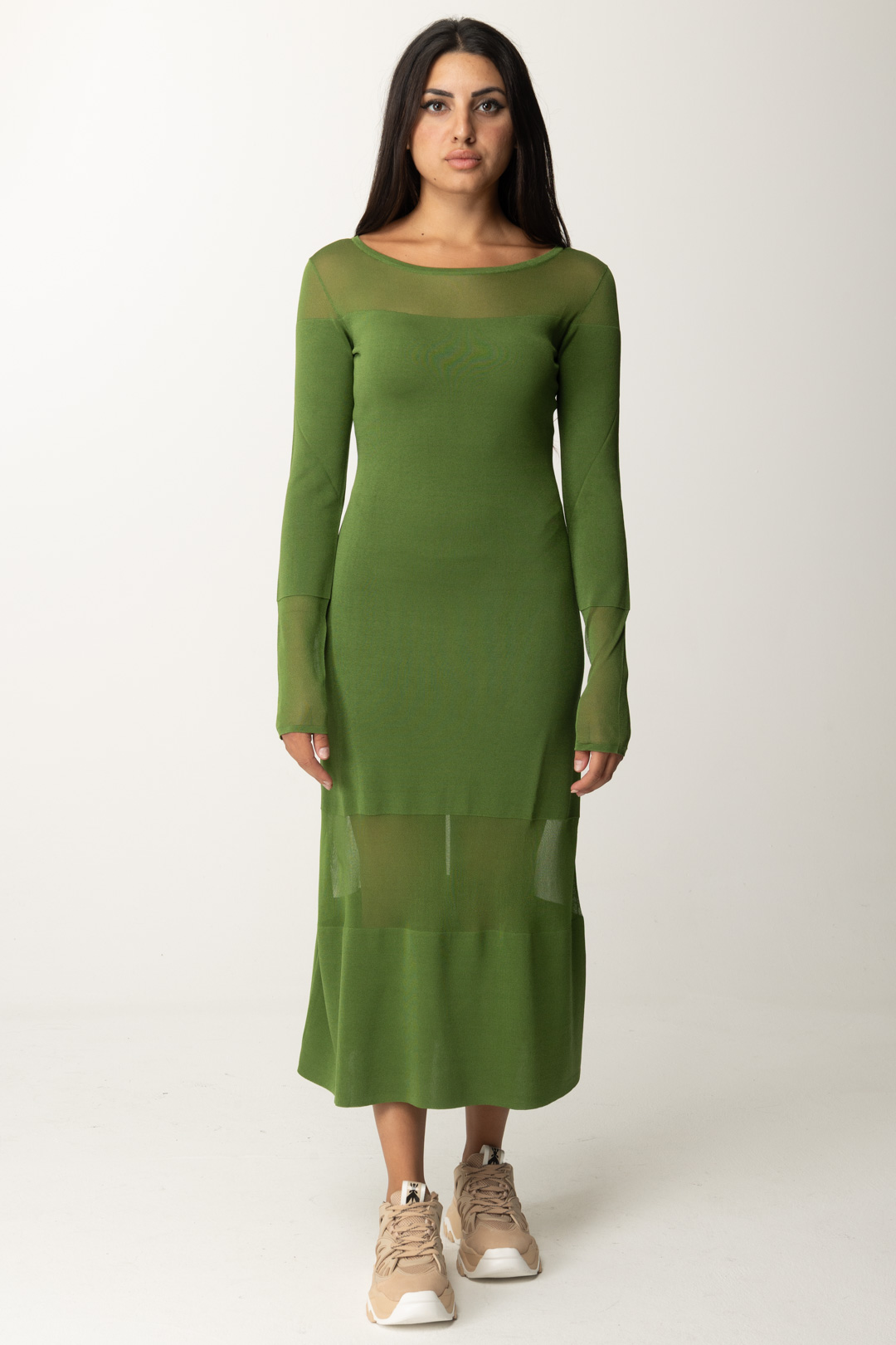 Vista previa: Patrizia Pepe Vestido midi con inserciones transparentes Green Garden