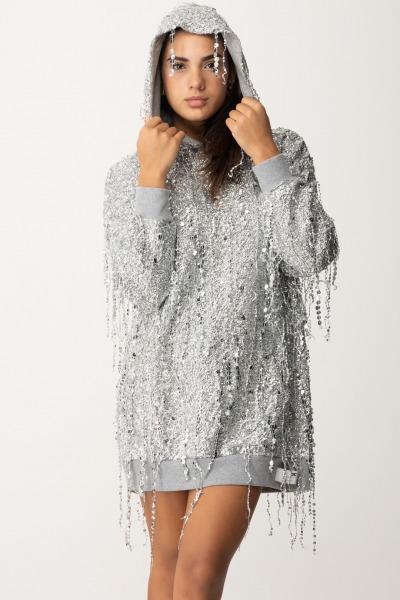 Elisabetta Franchi  Hooded sweatshirt mini dress with sequin fringes AR56J47E2 SILVER/GRIGIO MELANG