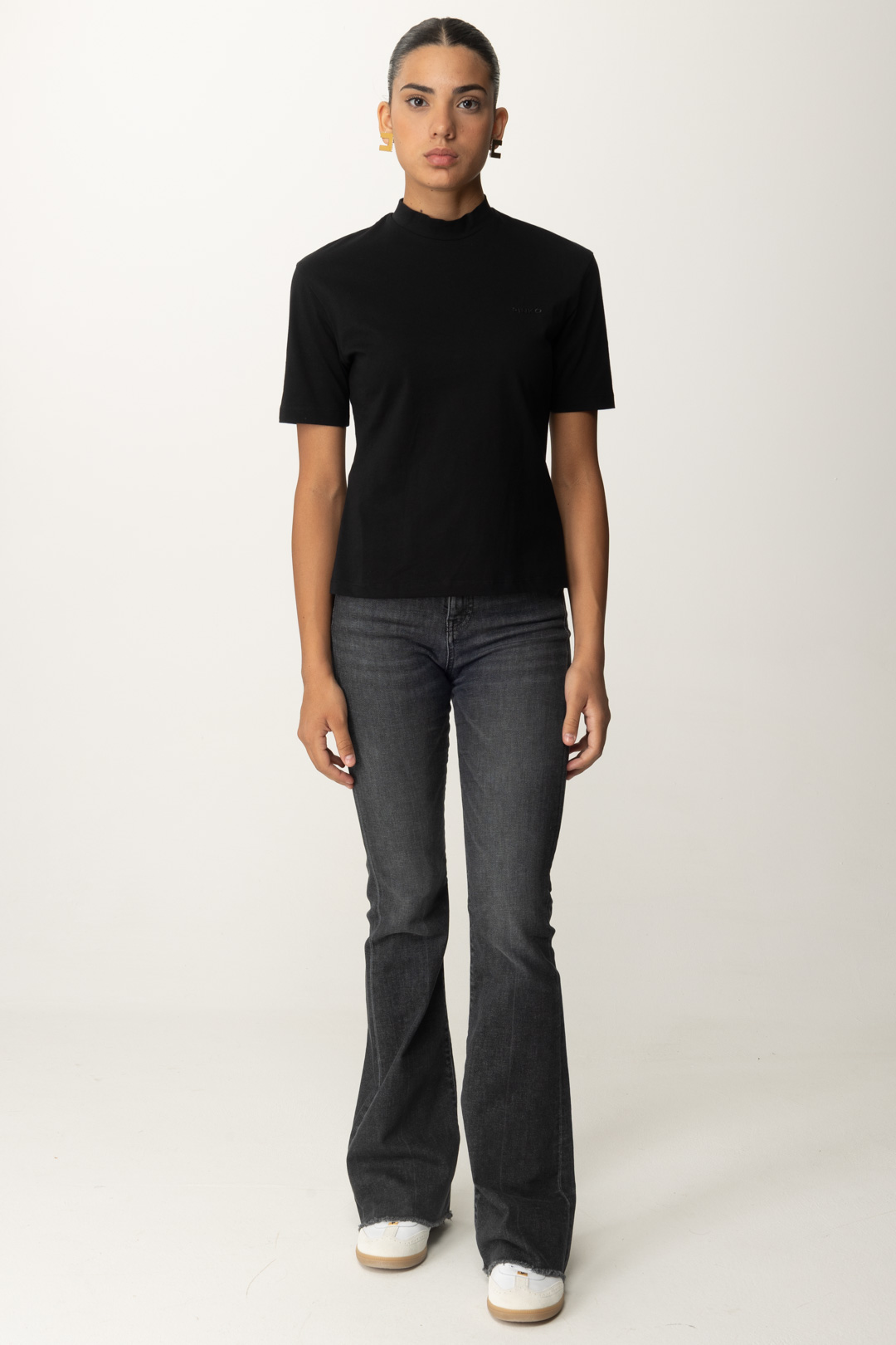 Preview: Pinko High-Neck T-shirt with Logo Embroidery NERO LIMOUSINE