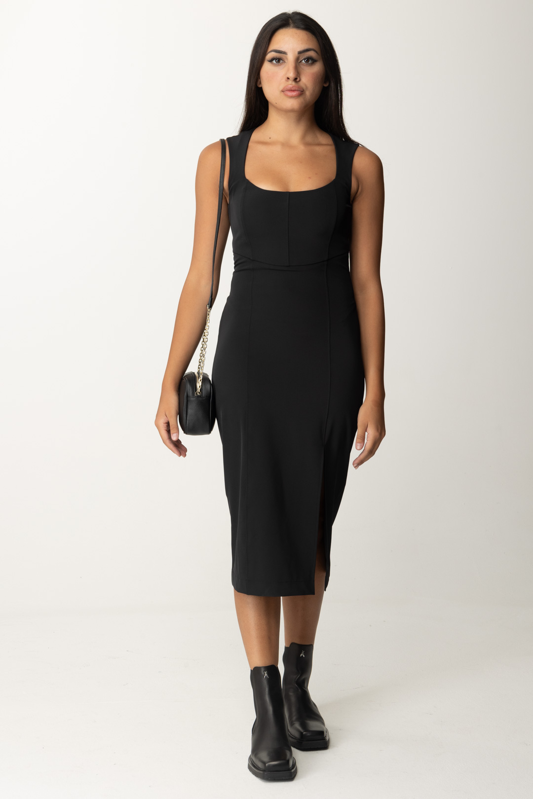 Preview: Patrizia Pepe Midi Sheat Dress with Side Slit Nero