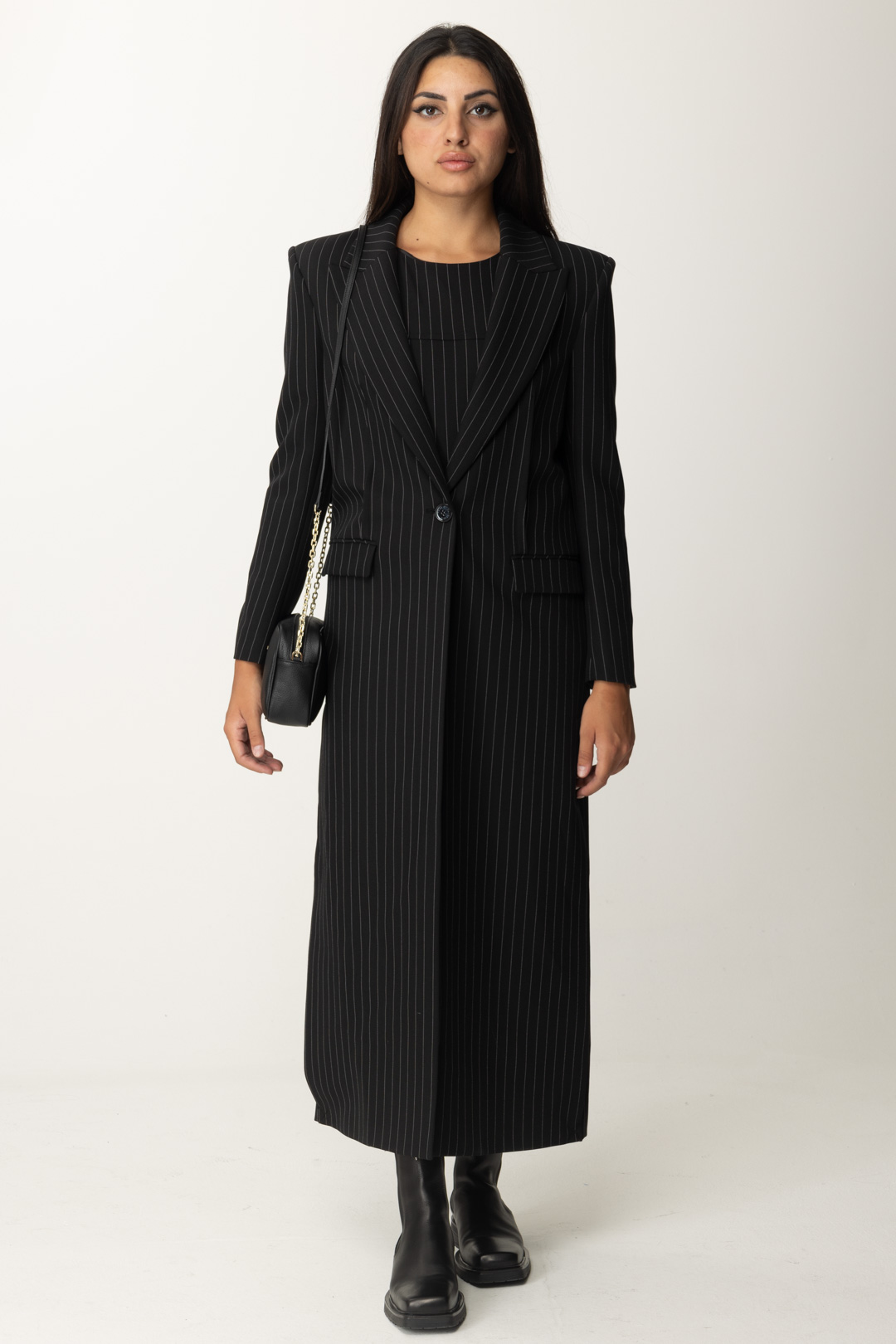 Preview: Patrizia Pepe Long pinstriped flannel coat Black Stripes